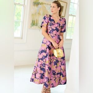 Abbey Glass Arden Gown Navy Abstract Brocade Dress New $395